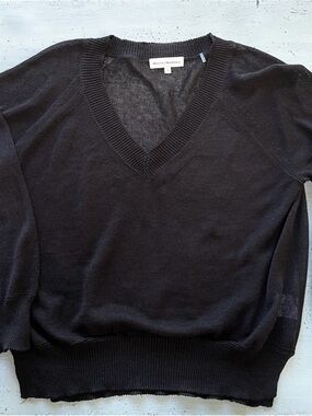 White + Warren Black Linen V-Neck Sweater